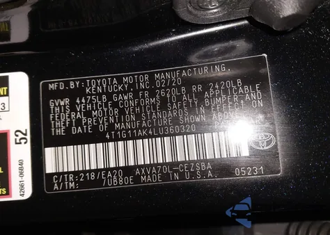 2020 Toyota Camry Se z USA, uszkodzony, nr VIN 4T1G11AK4LU360320